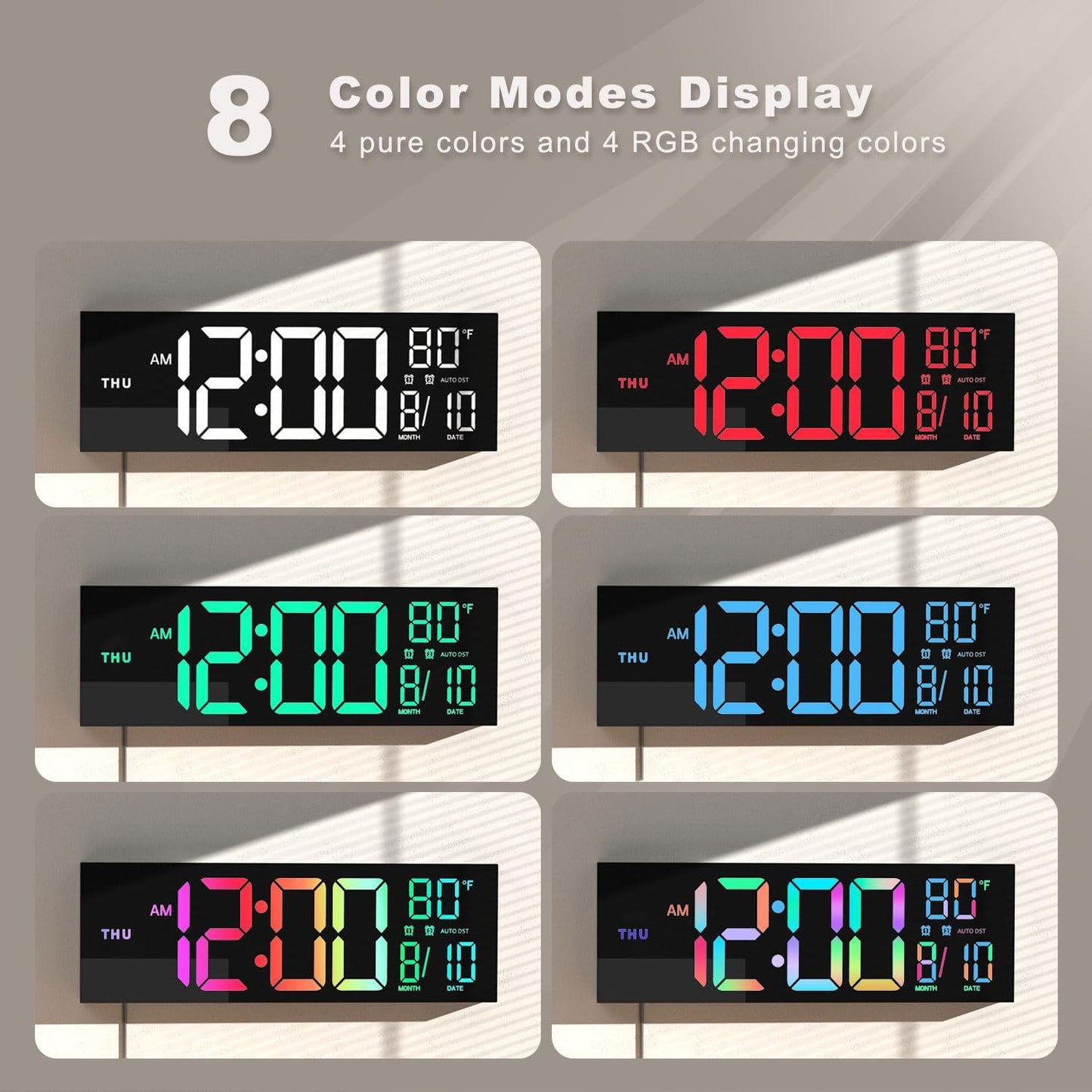Reloj Digital de Pared con Control Remoto – LED Grande, Alarma Dual y 8 Colores RGB