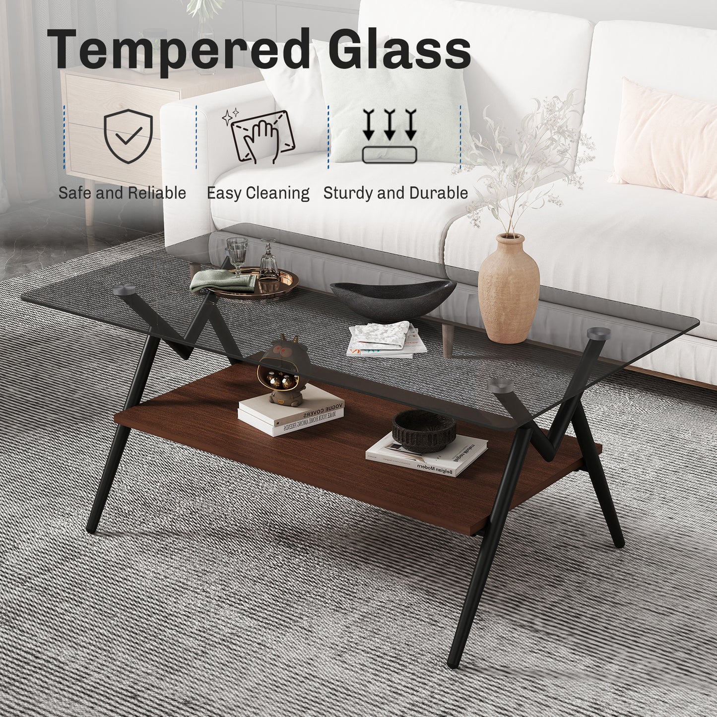Mesa de Centro Rectangular con Vidrio Templado y Estante MDF Marrón Diseño Moderno para Sala