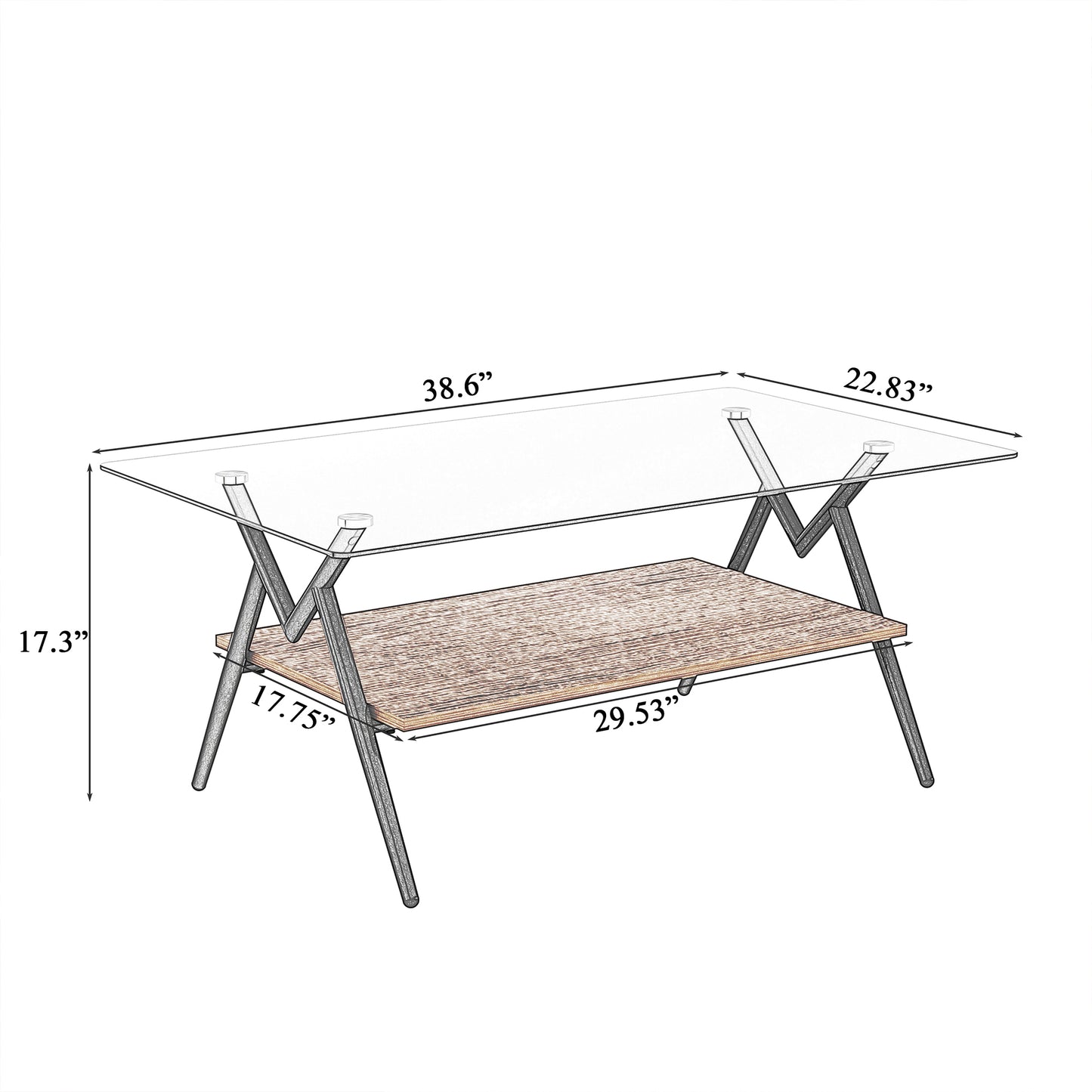 Mesa de Centro Rectangular con Vidrio Templado y Estante MDF Marrón Diseño Moderno para Sala