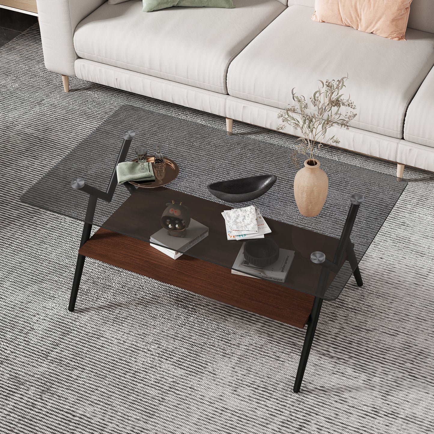 Mesa de Centro Rectangular con Vidrio Templado y Estante MDF Marrón Diseño Moderno para Sala