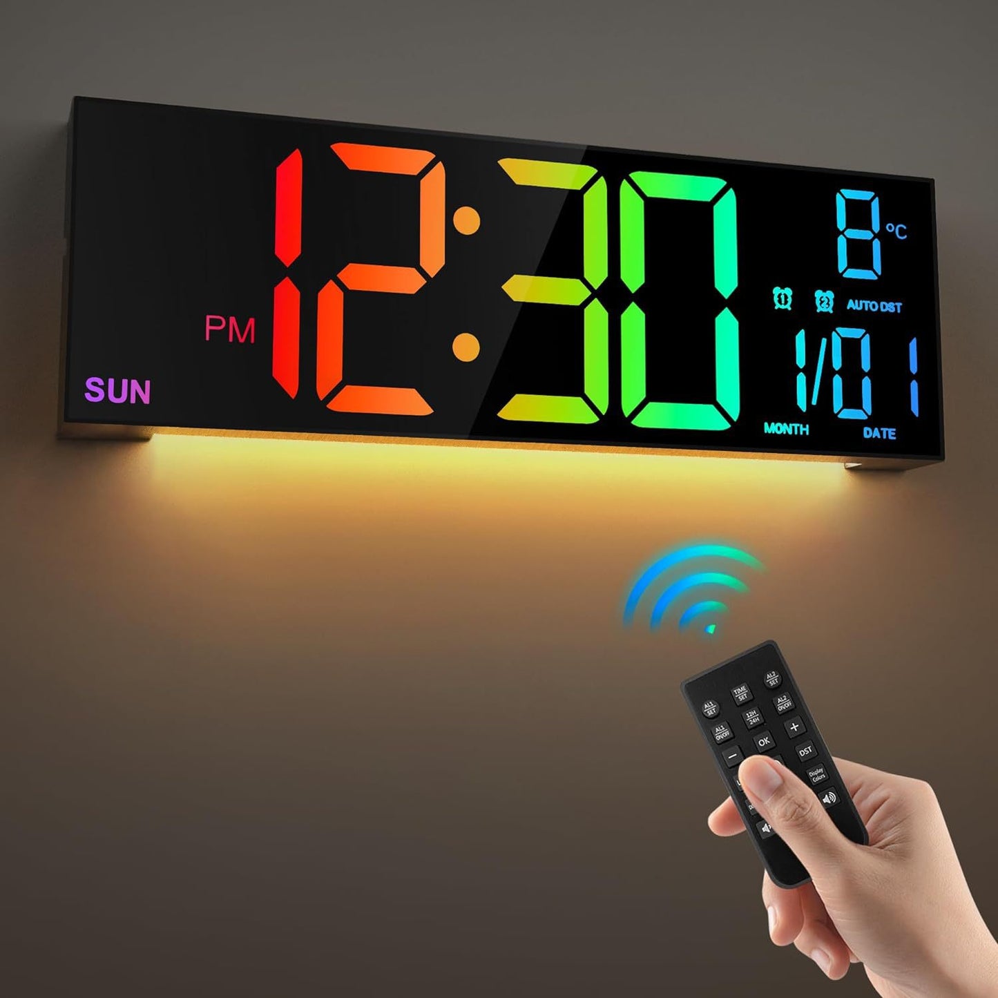 Reloj Digital de Pared con Control Remoto – LED Grande, Alarma Dual y 8 Colores RGB