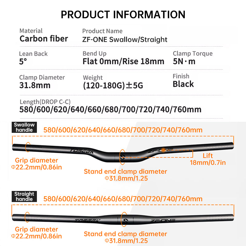 Manillar MTB TOSEEK de Fibra de Carbono Diseño Swallow-Shaped, 31.8mm, One-Piece