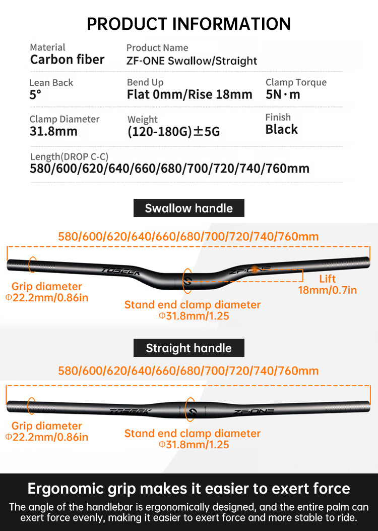 Manillar MTB TOSEEK de Fibra de Carbono Diseño Swallow-Shaped, 31.8mm, One-Piece