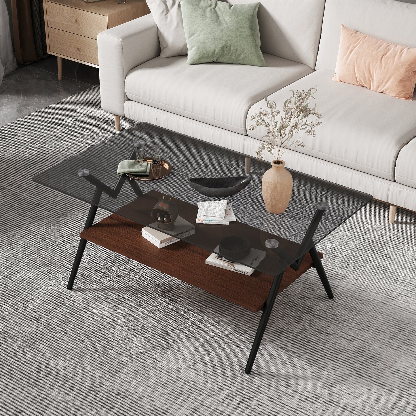 Mesa de Centro Rectangular con Vidrio Templado y Estante MDF Marrón Diseño Moderno para Sala