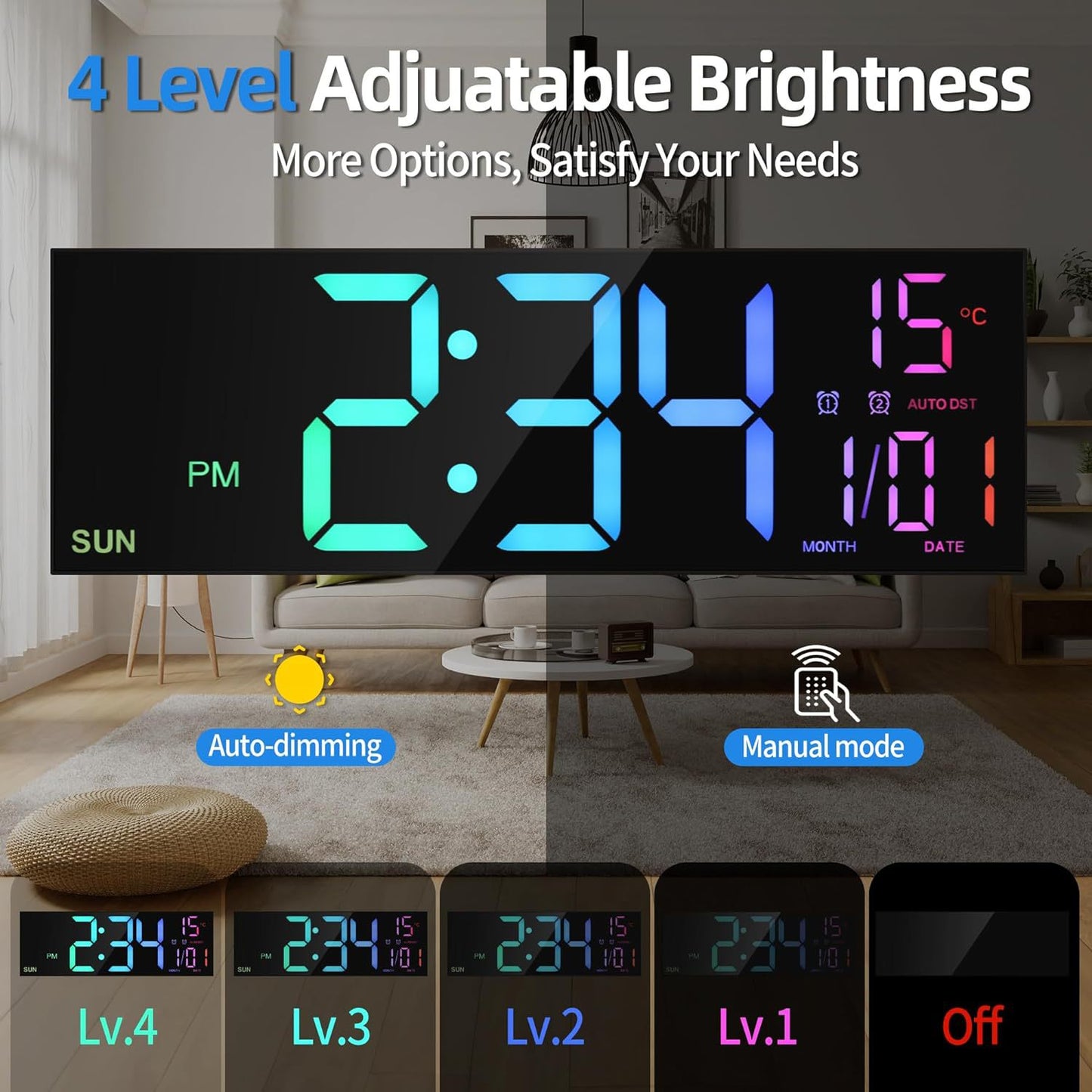 Reloj Digital de Pared con Control Remoto – LED Grande, Alarma Dual y 8 Colores RGB