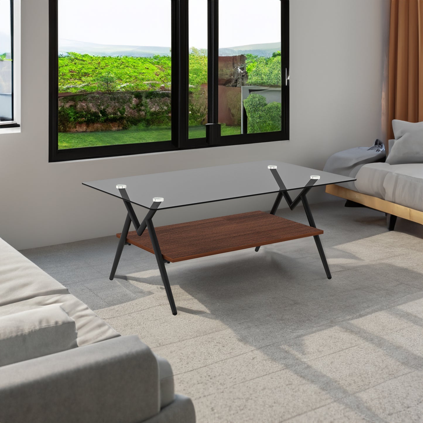 Mesa de Centro Rectangular con Vidrio Templado y Estante MDF Marrón Diseño Moderno para Sala