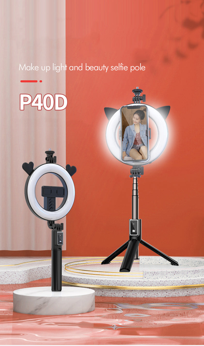 Selfie Stick P40D con Luz de Relleno de 6 Pulgadas: Portátil, Estable y Perfecto para Streaming