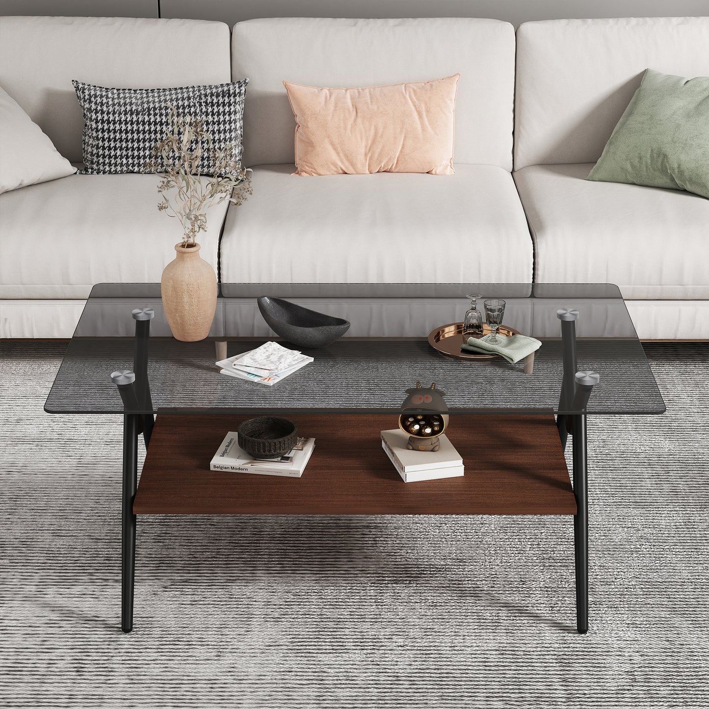 Mesa de Centro Rectangular con Vidrio Templado y Estante MDF Marrón Diseño Moderno para Sala