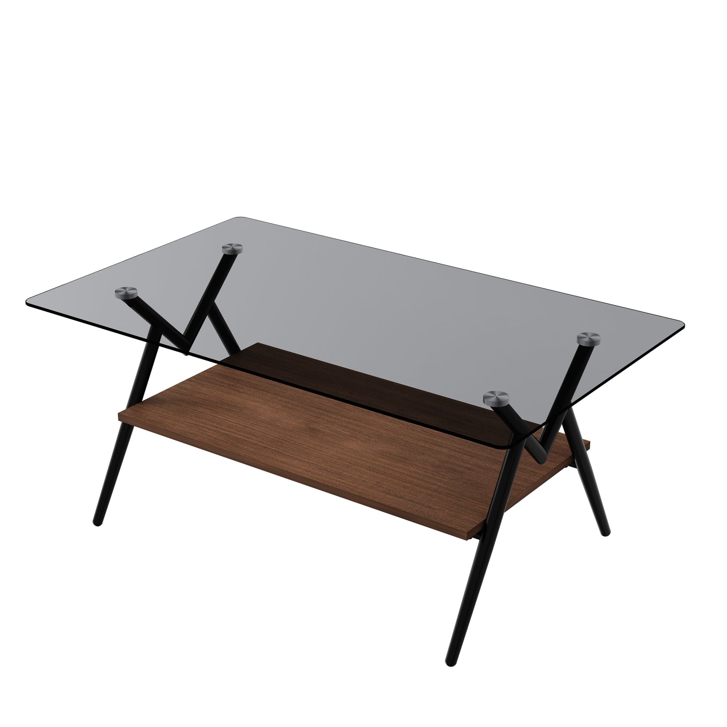 Mesa de Centro Rectangular con Vidrio Templado y Estante MDF Marrón Diseño Moderno para Sala