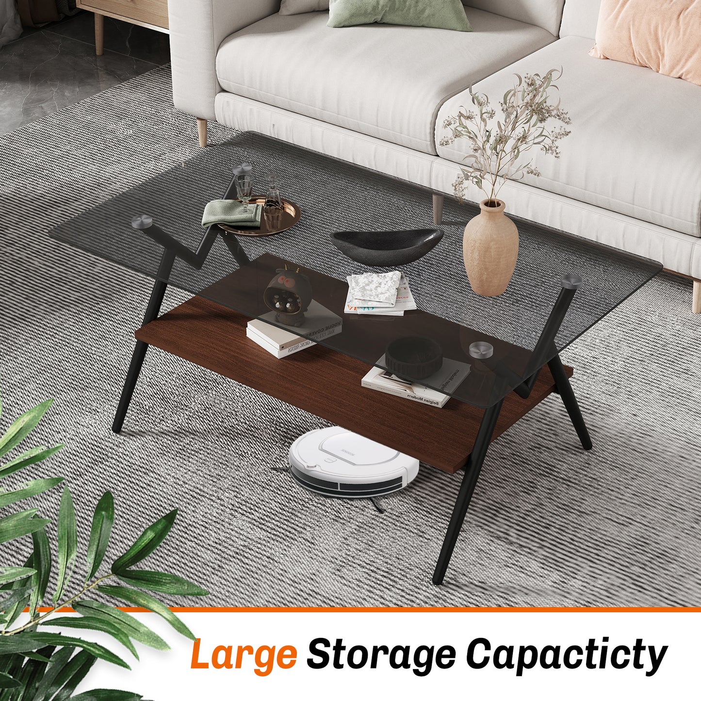 Mesa de Centro Rectangular con Vidrio Templado y Estante MDF Marrón Diseño Moderno para Sala