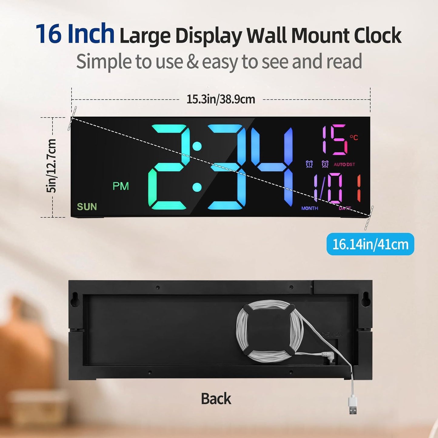 Reloj Digital de Pared con Control Remoto – LED Grande, Alarma Dual y 8 Colores RGB