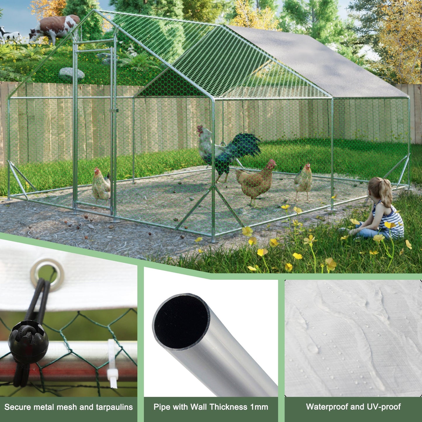 eprolo Tecnología para Mascotas Silver + Metal Jaula de Metal para Pollos con Cubierta Resistente al Agua y UV | NOCTRYX