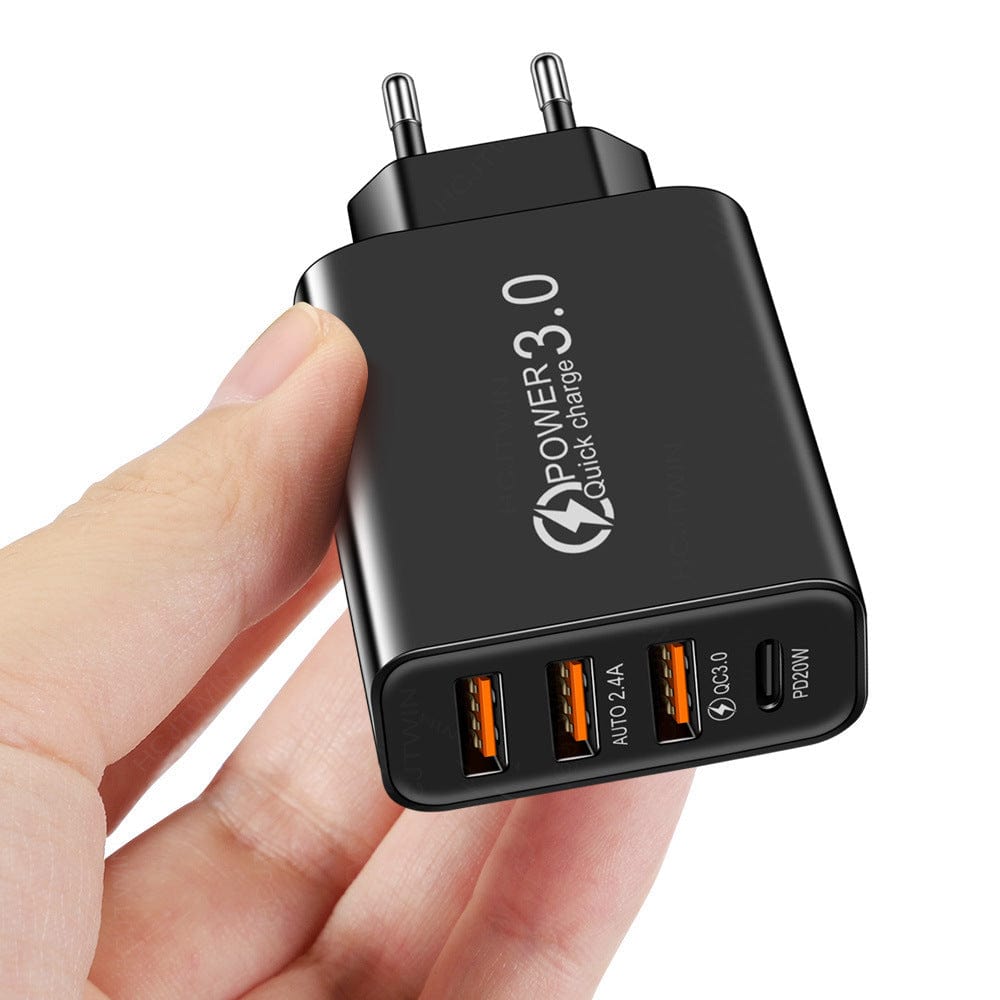 eprolo tendencias EU-Black Cargador Rápido 3USB + PD Type-C – Carga Múltiple para Viajes| Noctryx