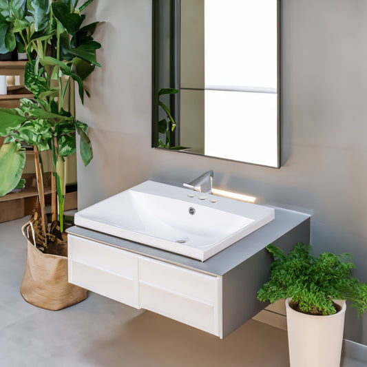 Encimera de Baño de 24" con Lavabo Blanco | Diseño de Cerámica con 3 Agujeros para Grifo