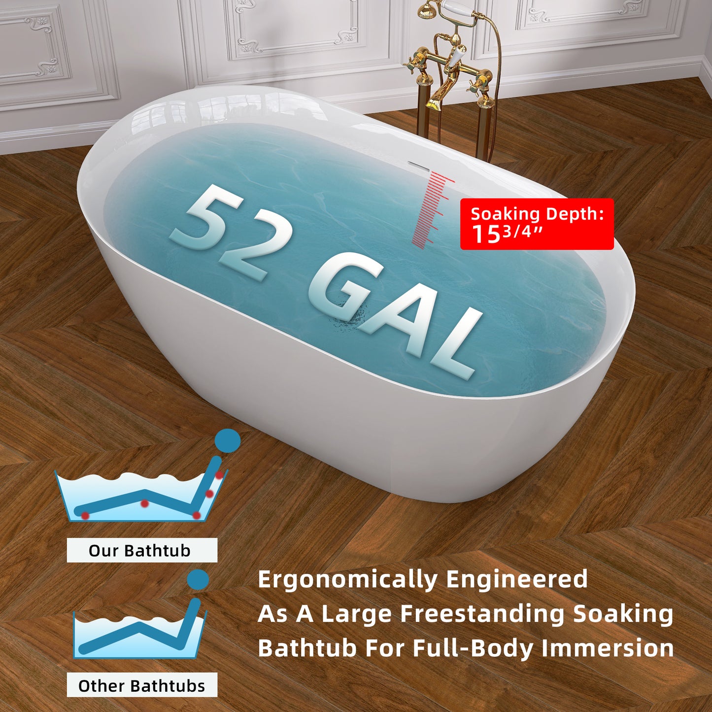 Bañera Independiente de Acrílico de 51 Pulgadas | Diseño Contemporáneo con Desagüe Pop-up