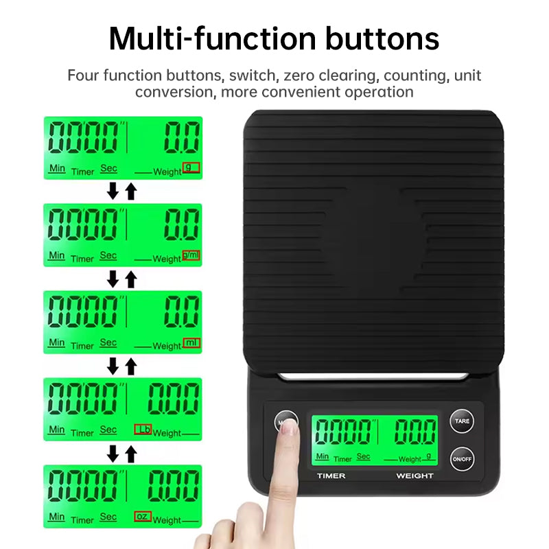 Báscula Digital para Café y Cocina | Alta Precisión 5kg/0.1g con Temporizador LCD