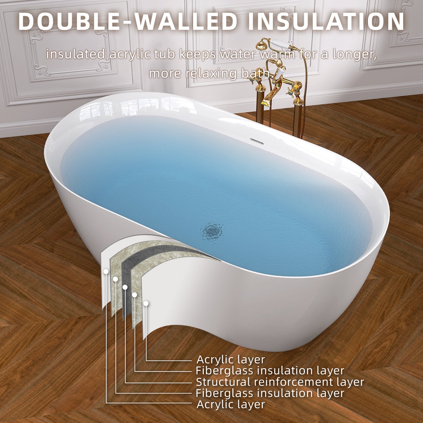 Bañera Independiente de Acrílico de 51 Pulgadas | Diseño Contemporáneo con Desagüe Pop-up