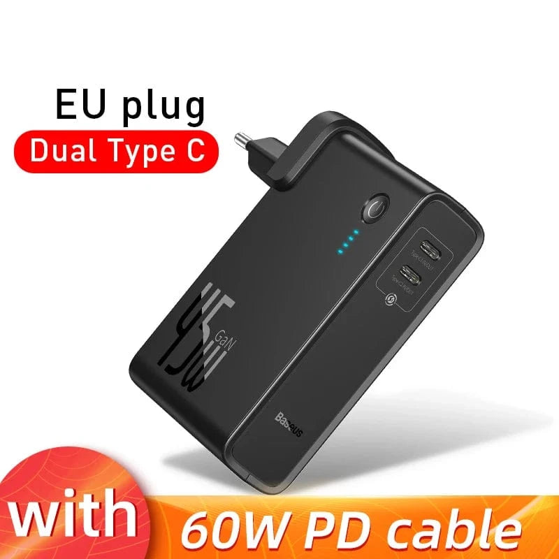 eprolo EU Dual Type C Black Baseus GaN Power Bank Charger 10000mAh 45W USB C PD Fast Charging 2 in 1 Charger & Battery as One ForiP 11 Pro Laptop ForXiaomi