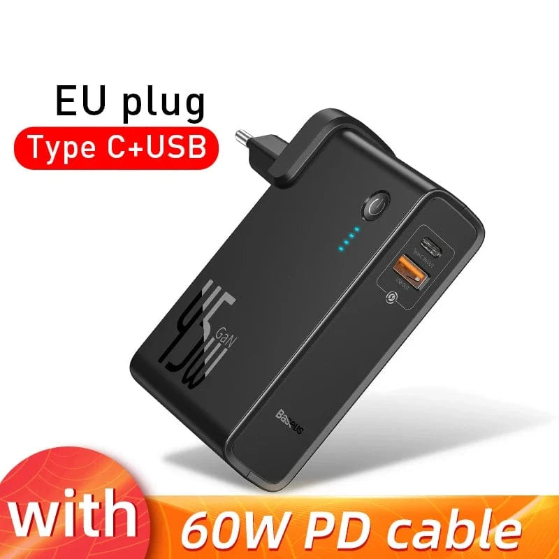eprolo EU Type C USB Black Baseus GaN Power Bank Charger 10000mAh 45W USB C PD Fast Charging 2 in 1 Charger & Battery as One ForiP 11 Pro Laptop ForXiaomi