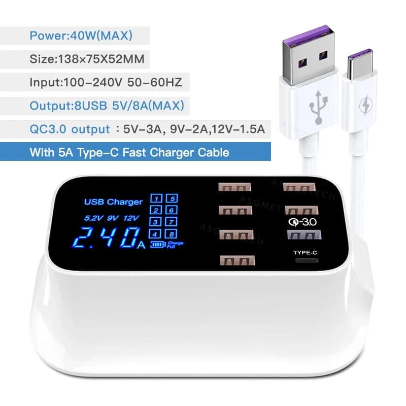 eprolo tendencias EU Plug / QC3.0 with Cable Cargador USB Rápido 8 Puertos – QC 3.0 con Pantalla LED. Una Palabra: Excelente | Noctryx
